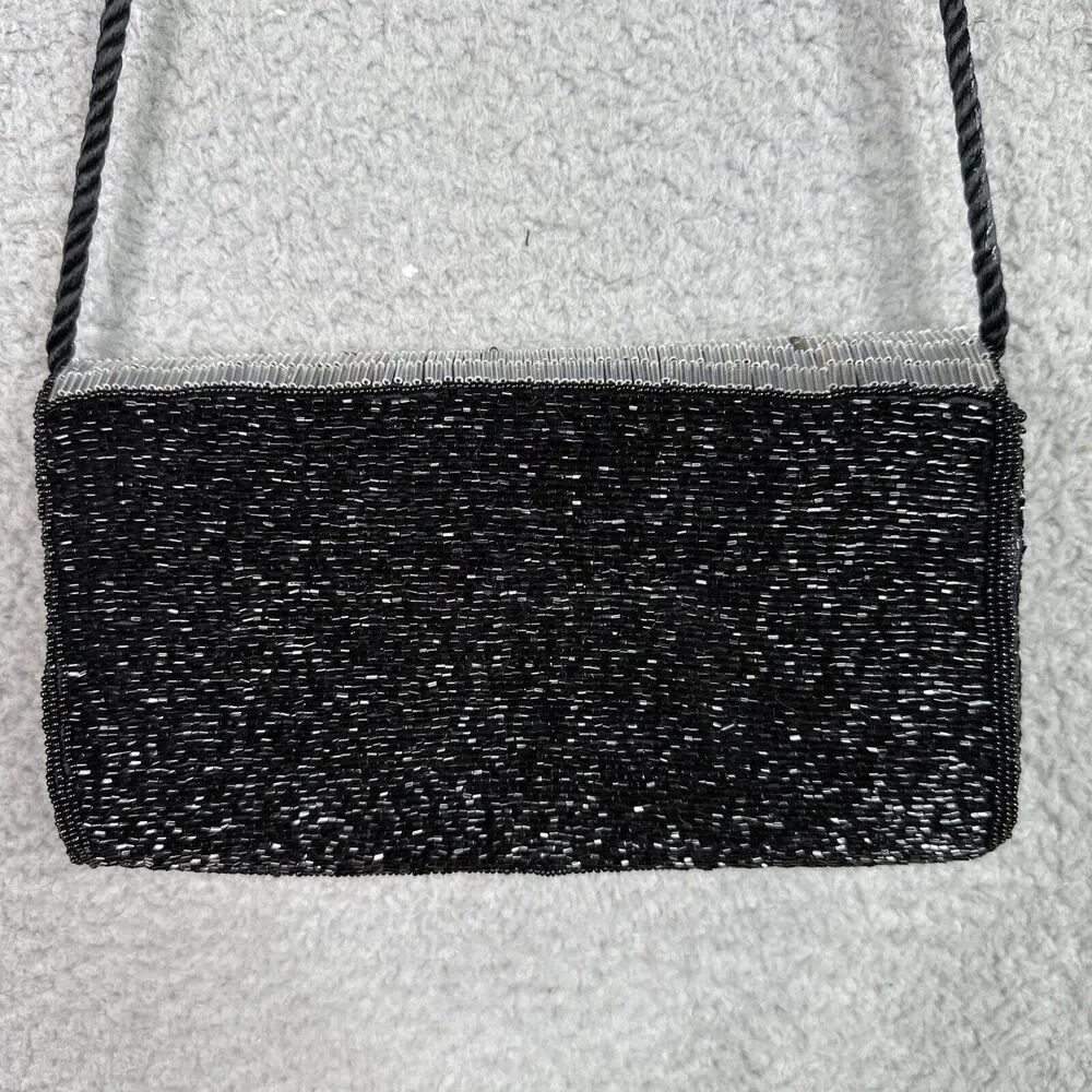 DLS International Purse Clutch Shoulder Strap Beaded Sequins Black Gold Silver‎
